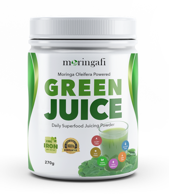 Bottle of Moringafi (Moringa Oleifera) Green Juice Superfood Powder