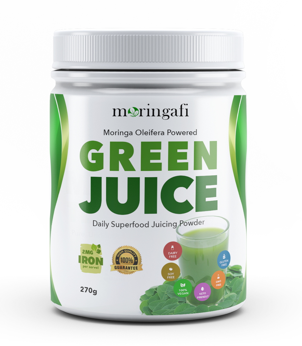 Bottle of Moringafi (Moringa Oleifera) Green Juice Superfood Powder